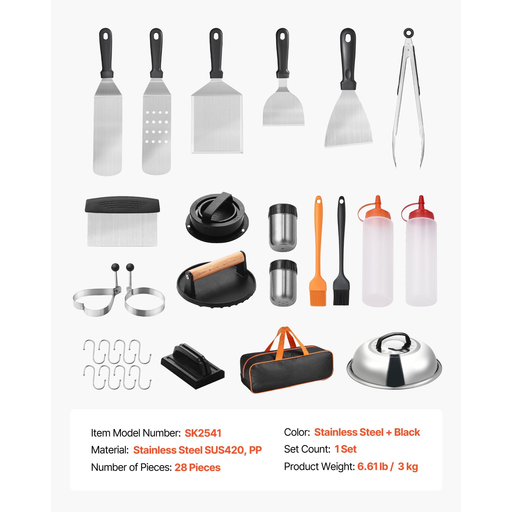 28PCS Griddle Accessories Kit Flat Top Grill Spatula BBQ Tools Stainless Steel_voghion.com